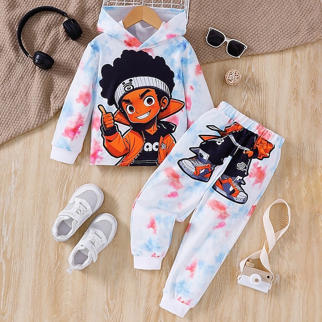  2-delig Peuter Jongens Set met capuchon en joggingbroek Kleding Anime Brief Lange mouw Ronde hals Set School Modieus Stoer Herfst Winter 4-7 jaar Wit