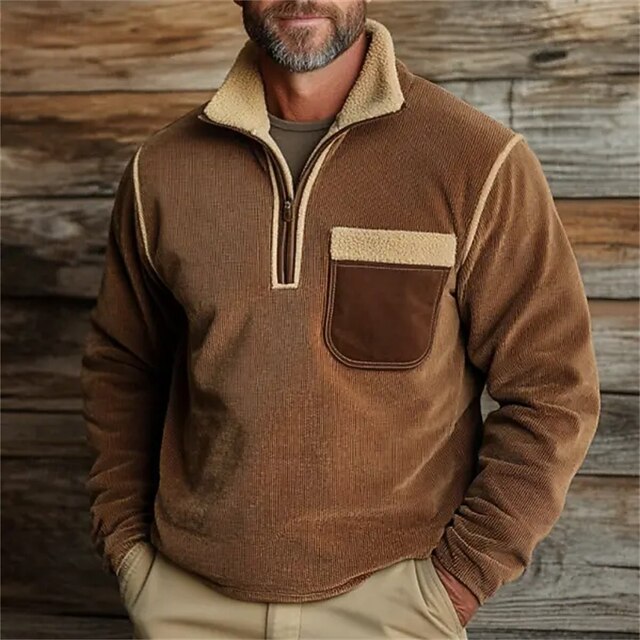 Men's Sweatshirt Quarter Zip Sweatshirt Brown Half Zip Plain Pocket