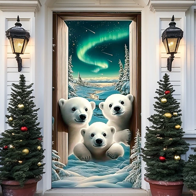 Door Decorations Door Covers Door Tapestry Door Curtain Decoration Backdrop Indoor/Outdoor Door Banner for Front Door Farmhouse Nothern Light Polar Bears 9