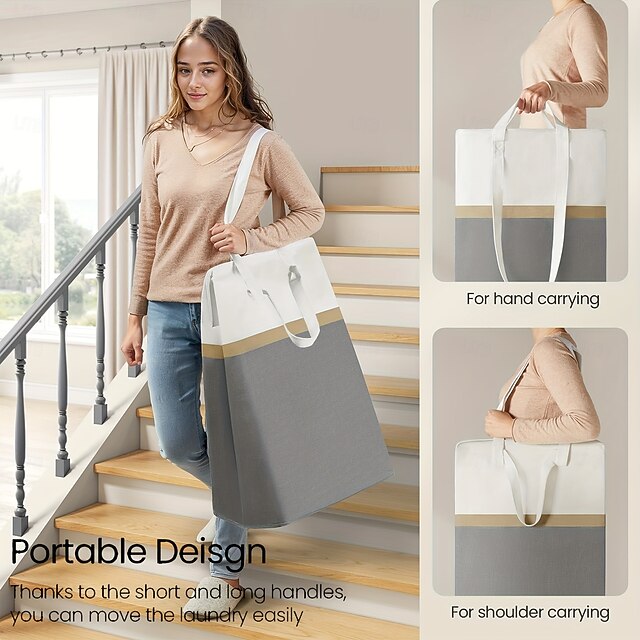 Laundry Basket Hamper with Dual Handles and Shoulder Strap for Easy