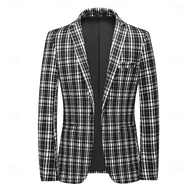 Men's Blazer Business Cocktail Party Wedding Party Fashion Casual Spring &  Fall Polyester Plaid Button Pocket Comfortable Single Breasted Blazer Black khaki Gray