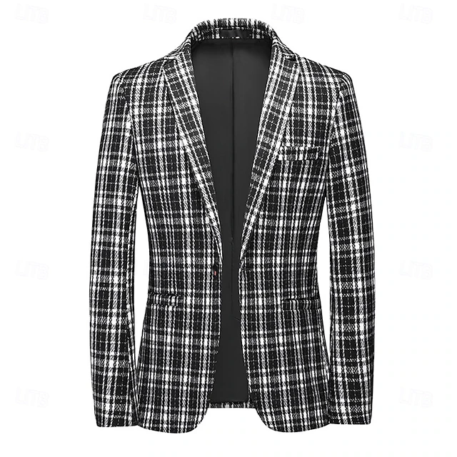 Men's Blazer Business Cocktail Party Wedding Party Fashion Casual Spring & Fall Polyester Plaid Pocket Buttons Comfortable Single Breasted Blazer Black khaki Gray 11