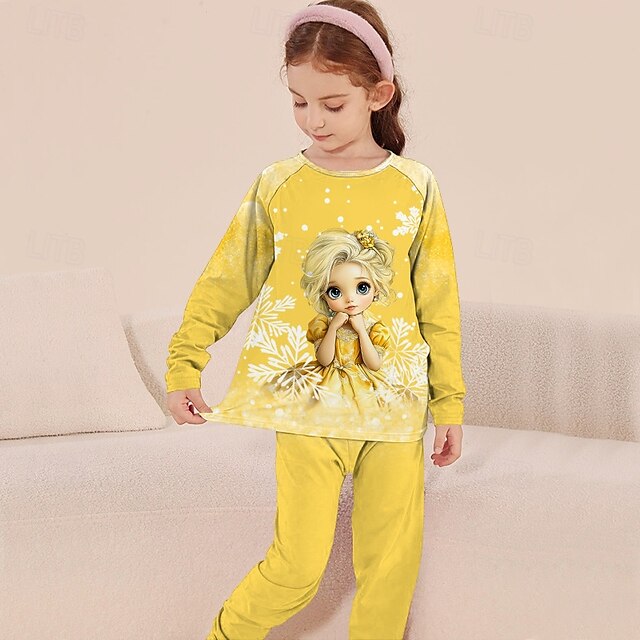  Flickor 3D Grafisk Snöflinga Prinsessa Julpyjamas Pyjamasset T-shirts och byxor Pyjamasset Långärmad 3D-tryck Höst Vinter Aktiv Grundläggande Barn 4 år + Rund hals Hem Dagligen Normal