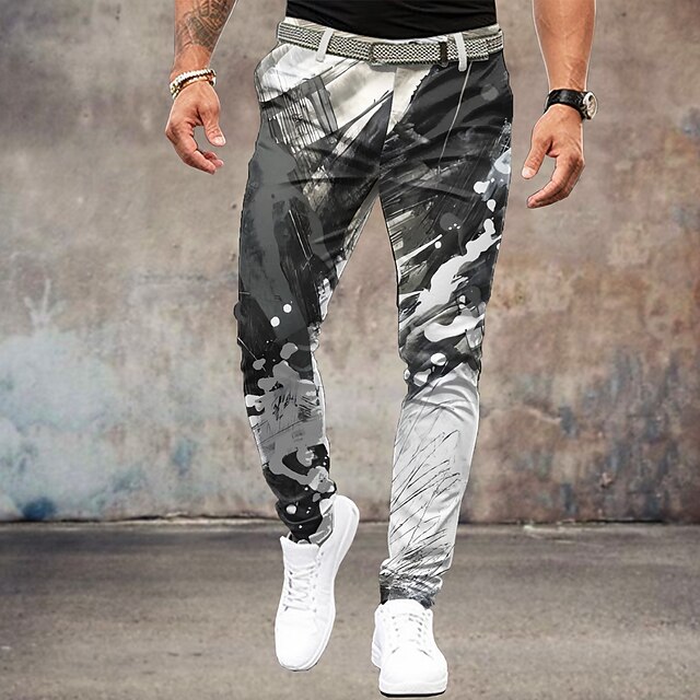 Men's Ink Painting Dress Pants Mid Waist Business Casual Formal Outdoor Dailywear Zipper Pocket Summer Spring Fall 3D Print Black And White4