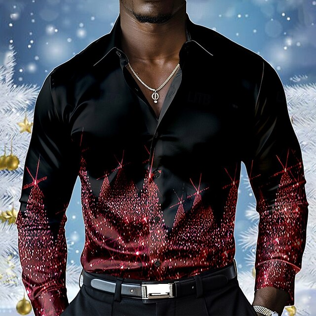Christmas Men's Sparkly Glittery Christmas Scene Shirt Dress Shirt Button Up Shirt Long Sleeve Fashion Casual Vacation New Year Party Evening Wear Summer Spring Fall Collared Shirts 3D Print Black4