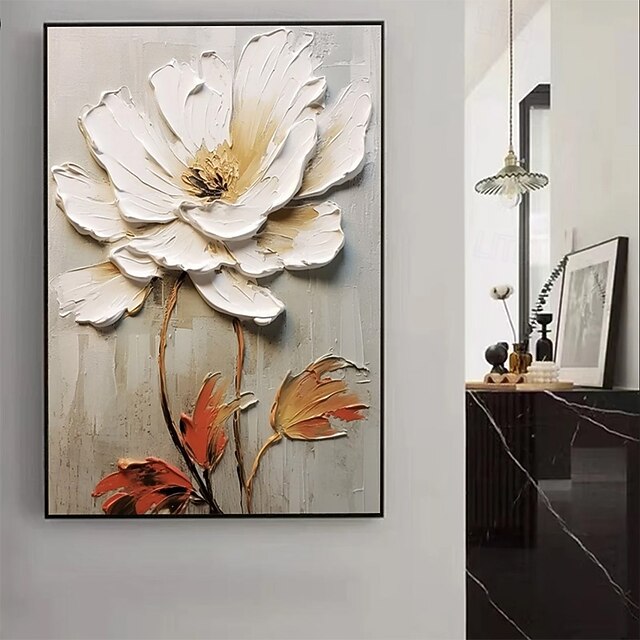 Handmade Original White Flower Oil Painting On Canvas 3D White Textured