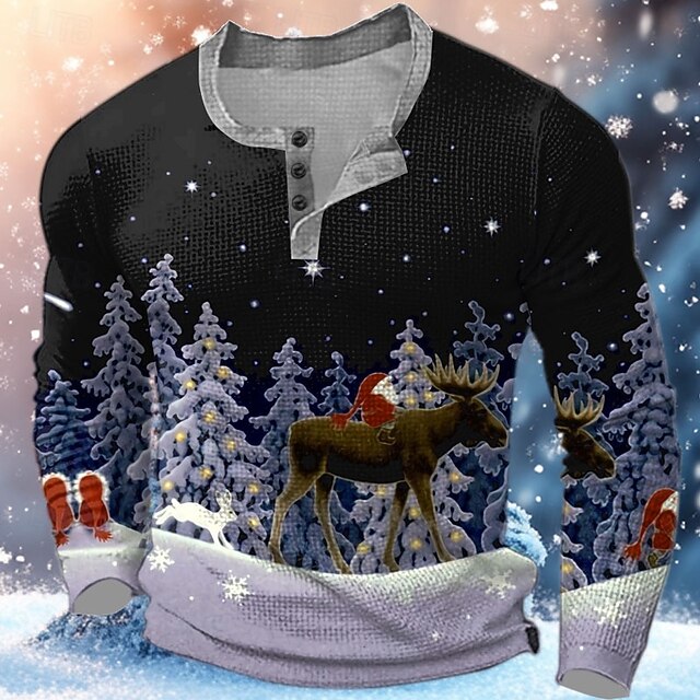 Christmas Men's Christmas Scene Henley T Shirt Santa Claus Deer Fashion Daily Funny Print Waffle Henley Long Sleeve Black Long Sleeve Henley Collar Zip Quarter Zip Winter Spring &  Fall4