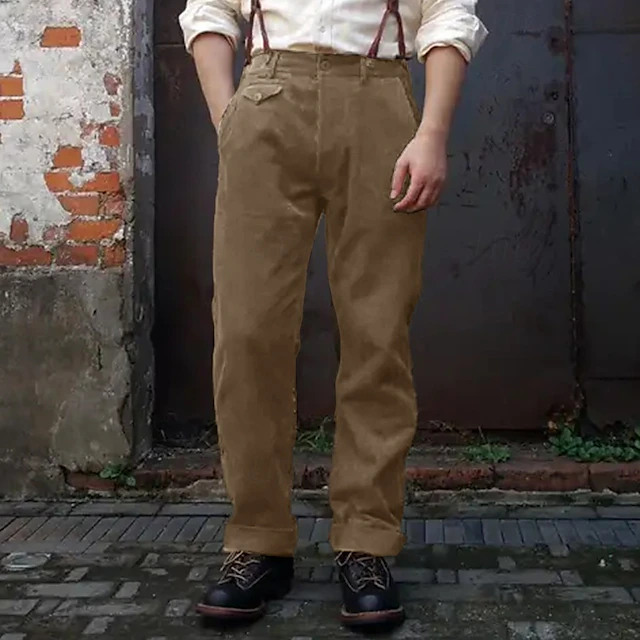 Men's Dress Pants Corduroy Pants Pocket Buttons Plain Comfort Work Vintage Lake blue Army Green Micro-elastic 5