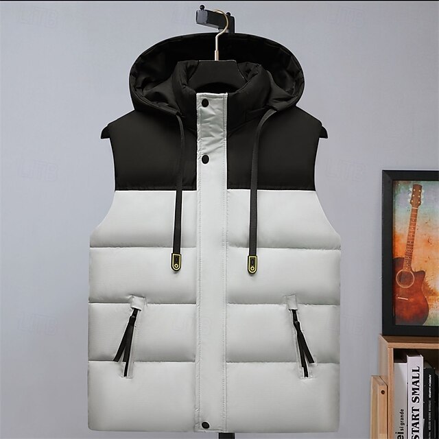 Men's Puffer Vest Hoodie Vest Padded Gilet Quilted Vest Daily Date Vacation Fashion Casual Fall & Winter Pocket Detachable Hood Polyester Warm Comfortable Color Block Hidden Hooded Regular Fit Black 13