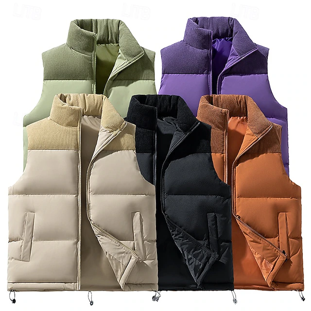 Men's Puffer Vest Gilet Quilted Vest Daily Date Vacation Fashion Casual Fall & Winter Pocket Polyester Warm Comfortable Solid Color Zipper Stand Collar Regular Fit Black Purple Green Khaki Vest 16