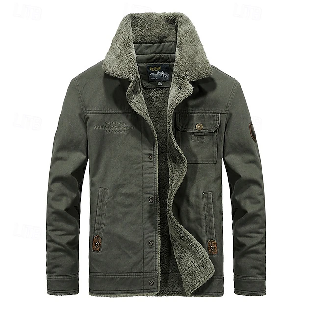 Men's Winter Jacket Fleece Jacket Casual Jacket Daily Vacation Thermal Warm Pocket Fleece Fall & Winter Plain Fashion Streetwear Lapel Regular Khaki Army Green Dark Blue Jacket 12