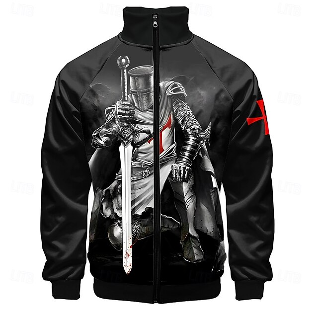 Men's Bomber Jacket Coat Comfortable Breathable Dailywear Zipper Side Pockets 3D Print Spring Fall Winter Standing Collar Long Sleeve Black4