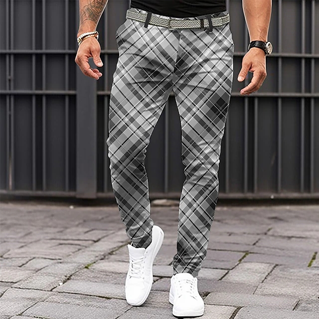 Men's Plaid Dress Pants Mid Waist Business Casual Formal Dailywear Zipper Pocket Summer Spring Fall 3D Print Black Blue khaki 6