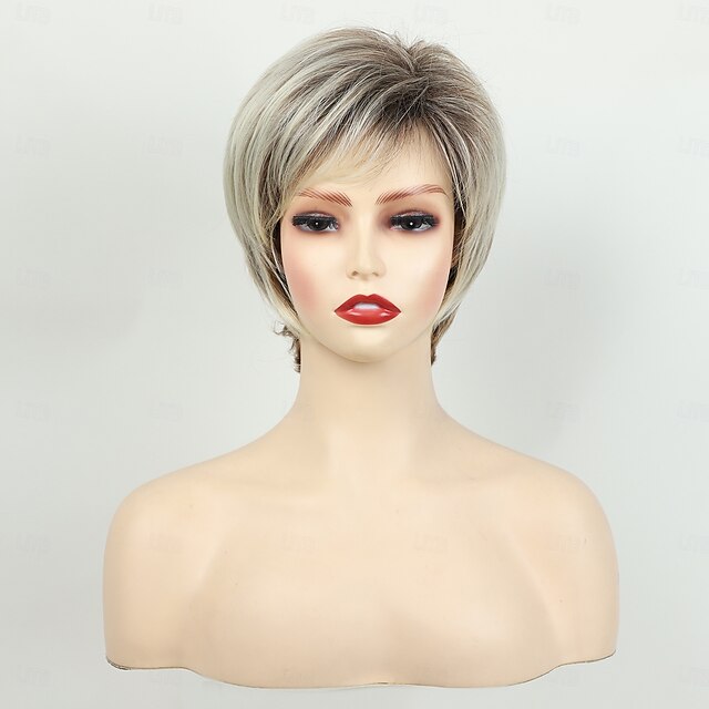 Short Blonde Wigs for Women Pixie Cut Blonde Wigs with Bangs Straight Layered Short Hair Wigs