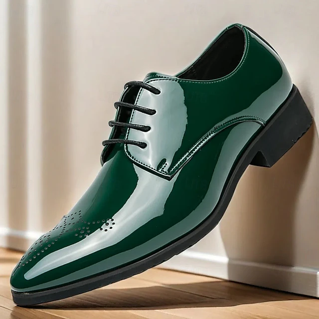 Men's Green Patent Faux Leather Dress Shoes – Glossy Lace-Up Formal Shoes for Weddings and Special Events 22