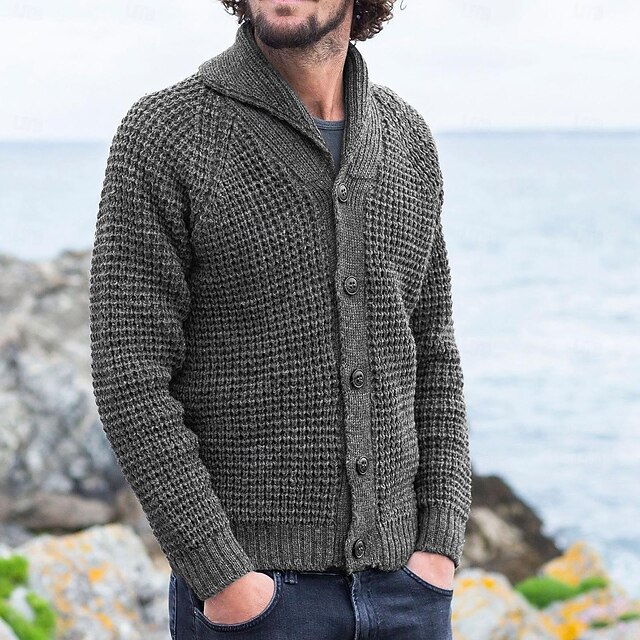 Men's Cardigan Sweater Knit Sweater Ribbed Knit Regular Button Up Solid Color Shawl Collar Fashion Classic Daily Wear Date Clothing Apparel Fall & Winter Gray M L XL4
