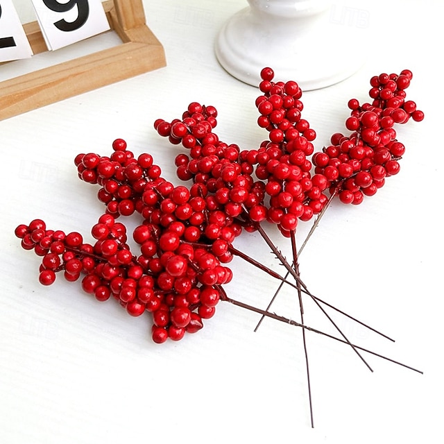 12Pcs New Year's Holly Wealth Red Fruit Simulation Fake Flower