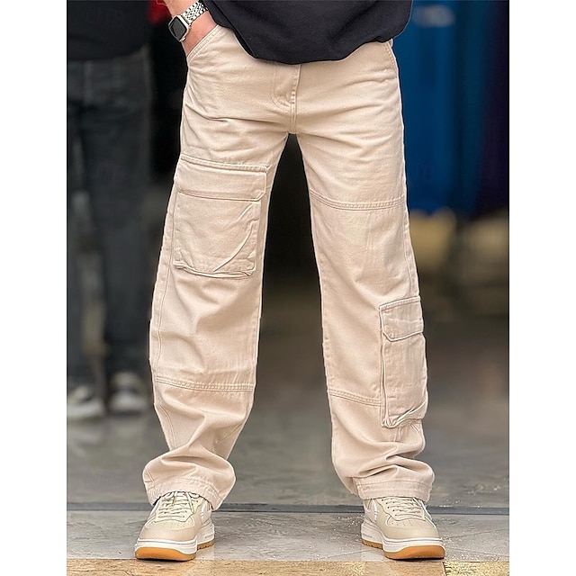  Homens Calças Cargo Calças Calça Chino Calça casual Cintura elástica Bolso multi Perna reta Tecido Conforto Macio Comprimento total Ao ar livre Casual Diário Moda Roupa de rua Preto Cáqui