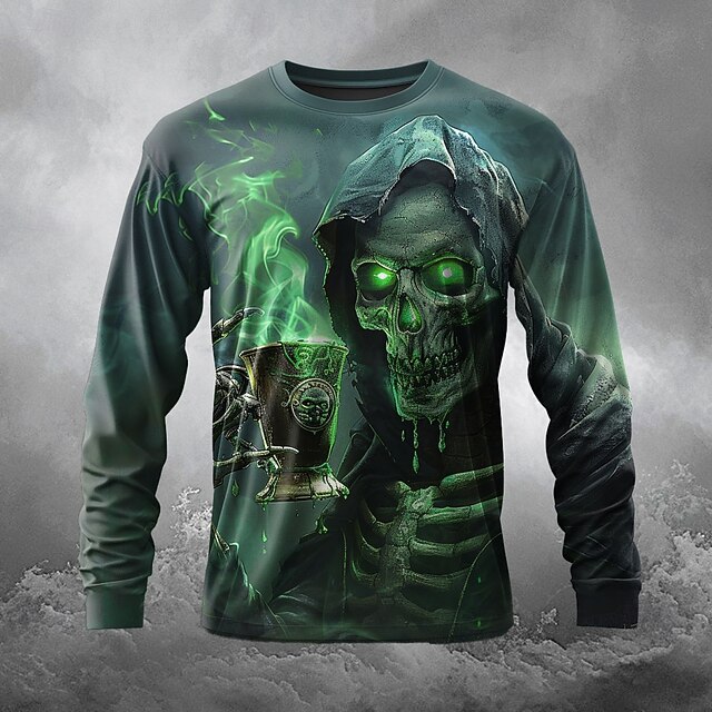 Halloween Men's Cool Skulls T Shirt Long Sleeve T shirt 3D Print Crew Neck Shirt Designer Horror Street Style Street Casual Festival Dark Green Summer Spring Fall Clothing Apparel S M L XL XXL XXXL4