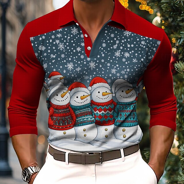 Christmas Snowman Christmas Hat Casual Men's Waffle Polo Shirt Long