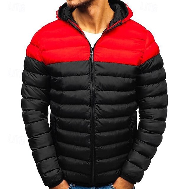  Herr Pufferjacka Quiltad jacka Övergångsjacka Vadderad jacka Ficka Polyester Fleecefoder Semester Dagliga kläder Datum Normal Mode Ledigt Bekväm Håller värmen Höst vinter Färgblock Svart Rubinrött Blå