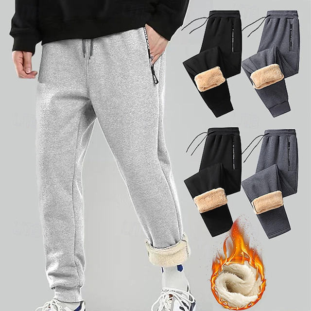 Men's Sherpa Sweatpants Fleece Pants Joggers Winter Pants Drawstring Pocket Elastic Waist Solid Color Warm Casual Daily Running Sports Fashion Black Black Straight Leg Micro-elastic 9