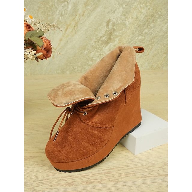  Botas femininas de camurça sintética com salto plataforma e design de cadarço - botas plataforma confortáveis para uso casual e diário