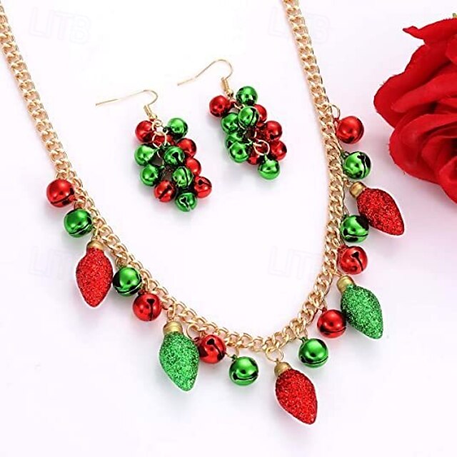  Conjunto festivo de collar y pendientes navideños con campanas navideñas y adornos de bombillas brillantes: perfecto para fiestas navideñas