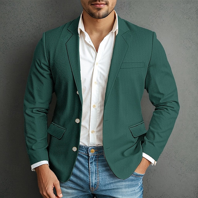  Men's Waffle Jacket Blazer Jacket Sport Coat Formal Wedding Anniversary Elegant Fashion Spring &  Fall Waffle Fabric Plain Single Breasted Two-button Blazer Dark Brown Black Dark Green khaki