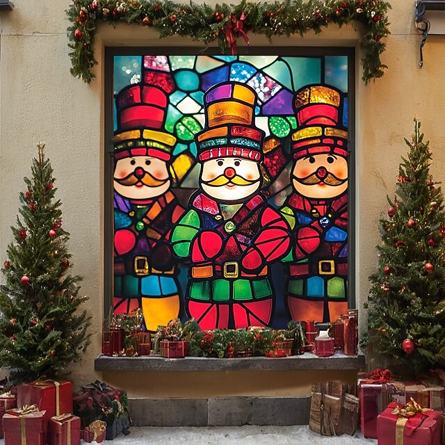 Christmas Window Cover Decorations, Fabric Stained Glass Soldat Curtain