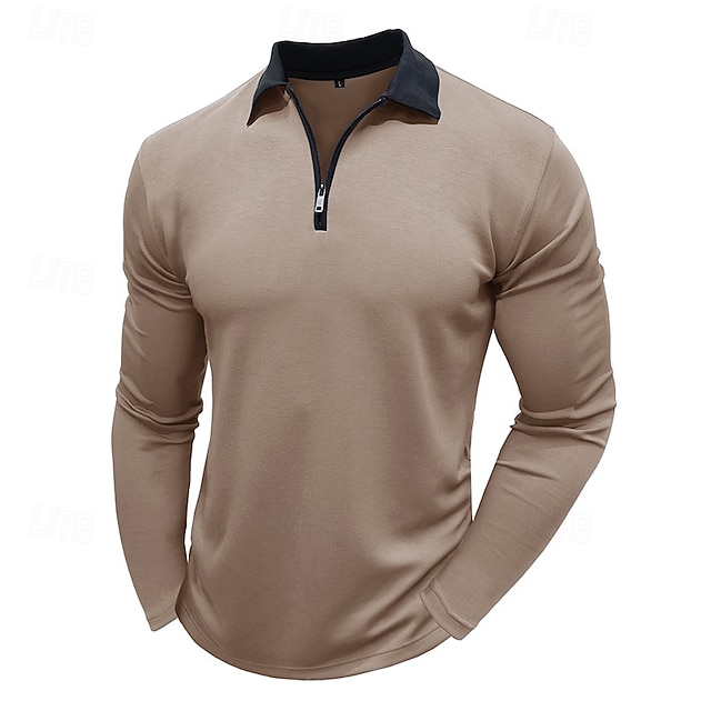  Herren Poloshirt Poloshirt mit Viertelreißverschluss Strasse Urlaub Viertel Postleitzahl Langarm Modisch Basic Feste Farbe Tasche Frühling & Herbst Regular Fit Schwarz Weiß Burgunderrot Marineblau