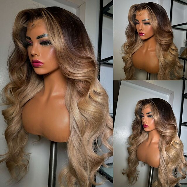  Perruque Cheveux vierges non transformés 13x4 devant en dentelle Cheveux Brésiliens Ondulation Lâche Multicolore Partie libre Femme Densité 130% 150% Cheveux Colorés Mèches Colorées / Balayées Ligne