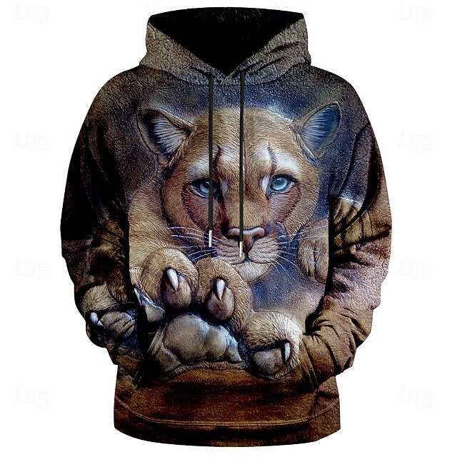 Men's Lion Hoodie Hoodies Sweatshirt Cool Daily Long Sleeve Hooded Vacation Sports Outdoor Streetwear Brown Print Front Pocket Spring &  Fall Designer4