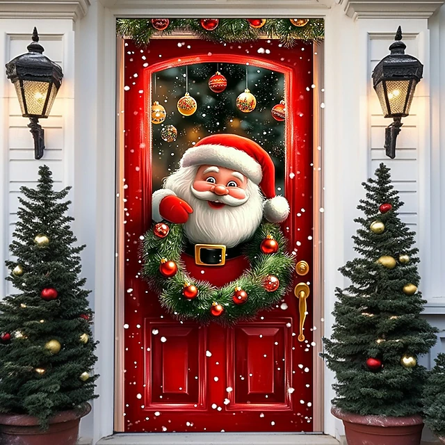 Christmas Door Decorations Door Covers Xmas Santa Claus Wreath Door Tapestry Door Curtain Decoration Backdrop Indoor/Outdoor Door Banner for Front Door Farmhouse 12