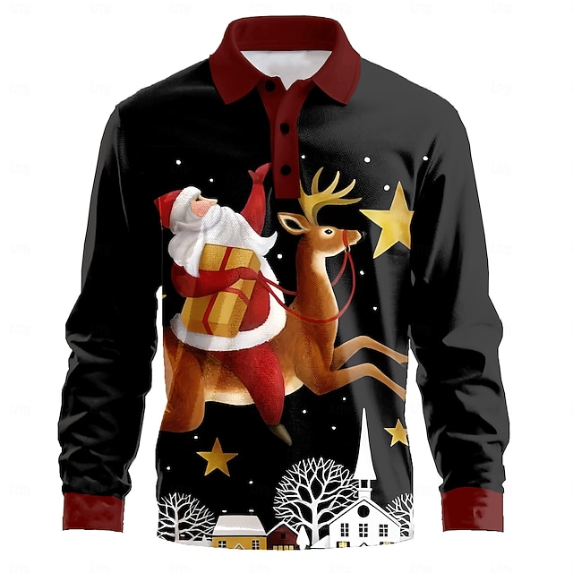 クリスマス 男性用 サンタクロース ルドルフ ポロシャツ ゴルフポロシャツ 長袖 ポロシャツ カラー カジュアル リゾート バケーション 日常着 3Dプリント ボタン 春 秋冬 ブラック