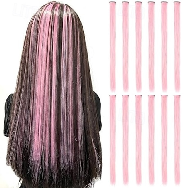  12 pièces extensions de cheveux colorées droites multicolores clip en coloré 20 pouces extensions de cheveux arc-en-ciel pour enfants femmes cadeaux Halloween fête de Noël points forts (12 pièces