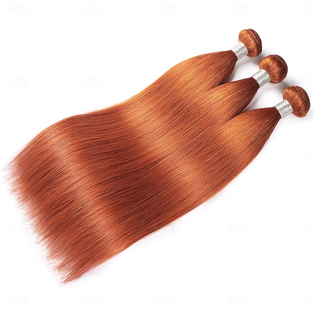 Ginger Straight Human Hair Weaving Colored Hair 3 Bundles With 4*4