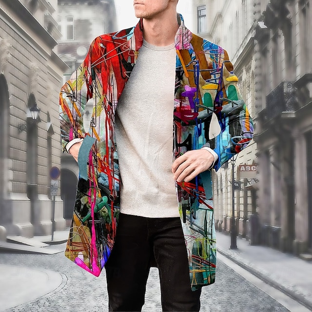  Men's Oil Painting Winter Coat Fleece Jacket Overcoat Thermal Comfortable Artistic Casual Party Daily Wear Buttons 3D Print Front Pocket Winter Turndown Long Sleeve Yellow Blue Purple