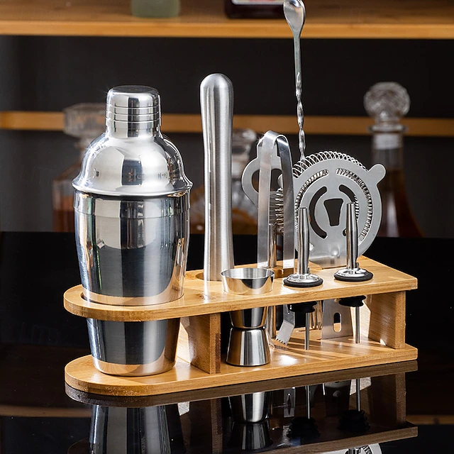 Cocktail Shaker Set Bartender Kit with Stand 10pcs Cocktail Shaker Mixer Stainless Steel 550ml Bar Tool Set with Stylish Bamboo Stand Perfect Home Bartending Kit and Martini Cocktail Shaker Set 19