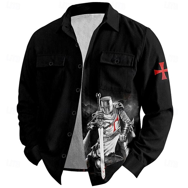 Men's Templar Cross Knights Templar Corduroy Shirt Shirt Jacket Overshirt Long Sleeve Vintage Fashion Casual Outdoor Dailywear Holiday Fall & Winter Turndown Collared Shirts Buttons 3D Print 24