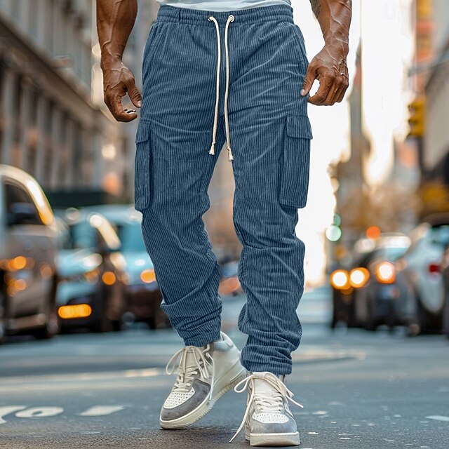  Homens Calças Cargo Corredor Calças de Veludo Calças Calça casual Bolsos Cintura elástica Bolso multi Tecido Conforto Macio Comprimento total Ao ar livre Diário Para Noite Moda Roupa de rua Preto Azul