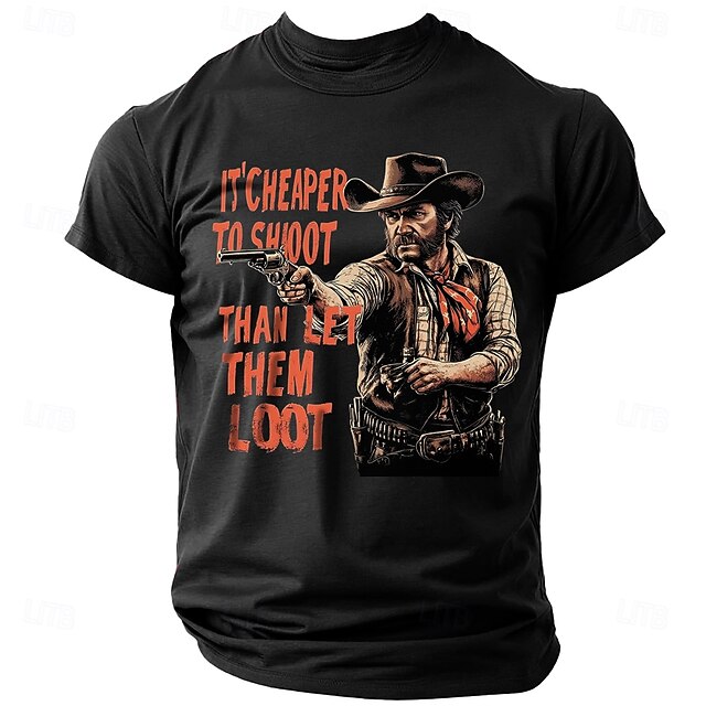 Men's Funny Cowboy Letter Print T Shirt Tee Top 100% Cotton Short Sleeve Graphic Shirt Black Comfortable Tee Street Sports Outdoor Fashion Designer Clothing4
