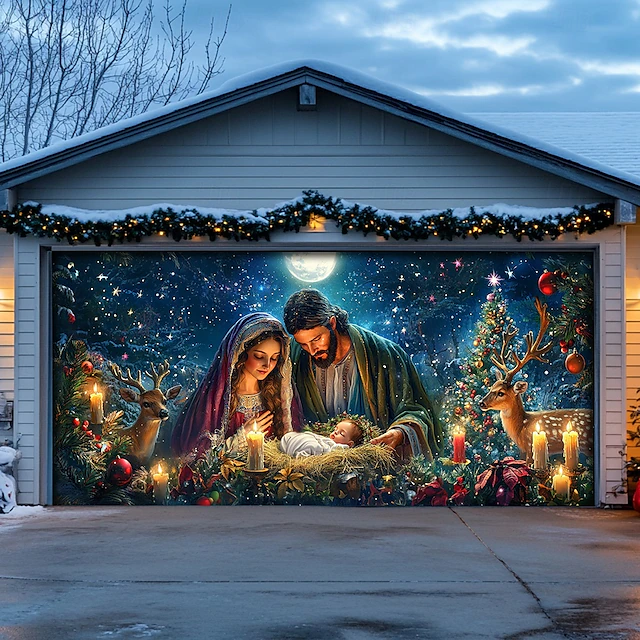 Christmas Door Decorations Garage Door Cover Nativity Scene Xmas Outdoor Banner Large Christmas Backdrop for Holiday Garage Door Home Wall Decorations Christmas Drawing 25