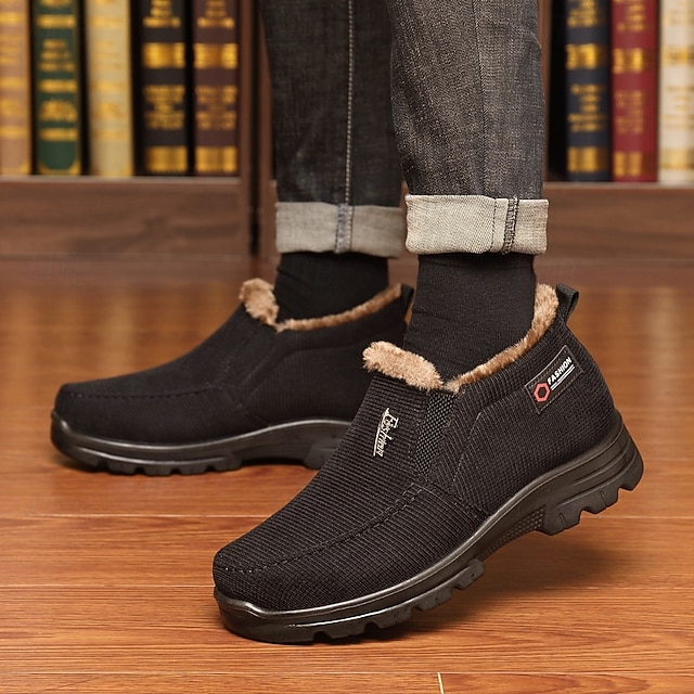 Waterproof Men's Shoes, Black Ankle Boots with Warm Fur Lining, Comfortable Easy Slip-On