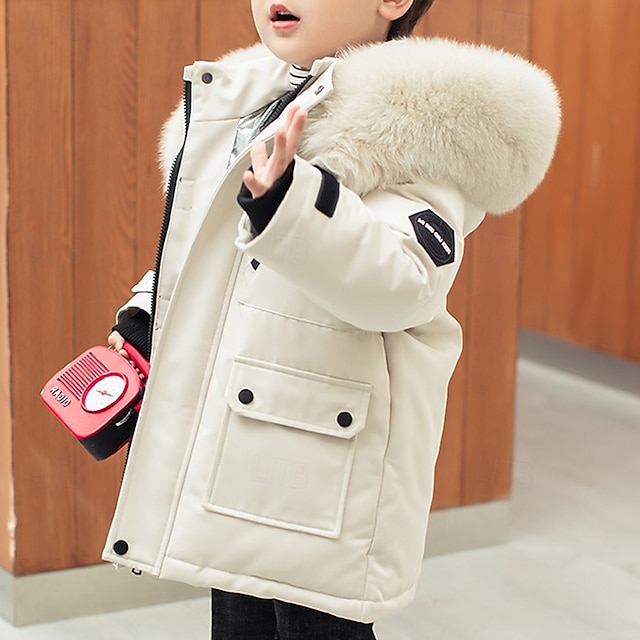  Kids Boys Down Coat Hoodie Jacket Outerwear Solid Color Long Sleeve Pocket Coat Outdoor Daily Basic Black Red Green Fall Winter 4 years+