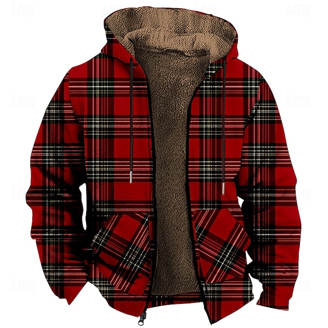  Homme Plaid Polaire Sweat à capuche Sweats à capuche Quotidien Occasionnel manche longue À capuche Vacances Vêtements de rue Rouge Cordon de serrage Automne Hiver Designer