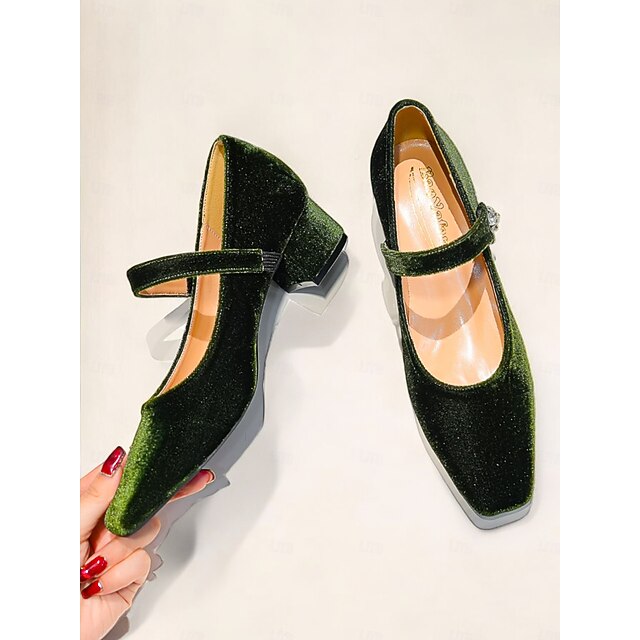 Women's Green Velvet Mary Jane Pumps Square Toe Block Heels with