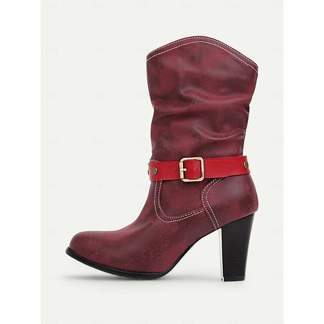 Women's Retro Red MidCalf Boots Faux Leather with Buckle Strap