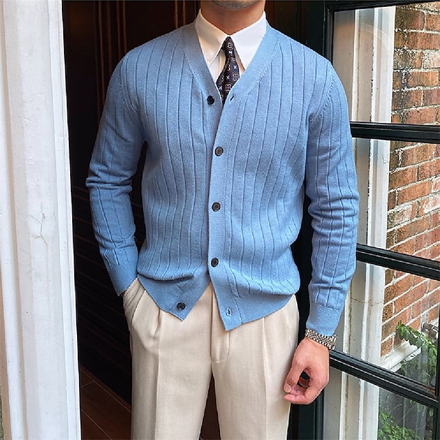  Men's Dress Sweater Cardigan Sweater Knit Sweater Ribbed Knit Regular Button Up Solid Color V Neck Fashion Classic Daily Wear Date Clothing Apparel Fall & Winter Black White S M L