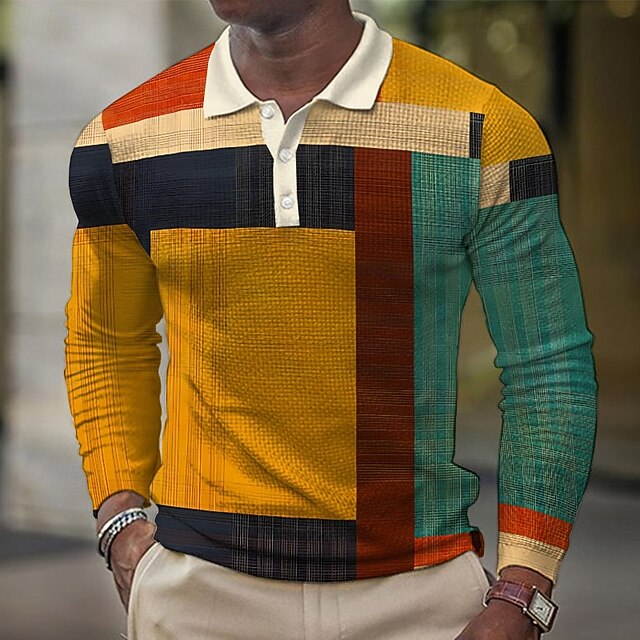 Men's Plaid Waffle Polo Shirts Golf Shirt Long Sleeve Polo Shirts Collared Shirts Vintage Casual Vacation Wear Formal Wear Festival Wear Buttons 3D Print Spring Fall Winter Yellow4
